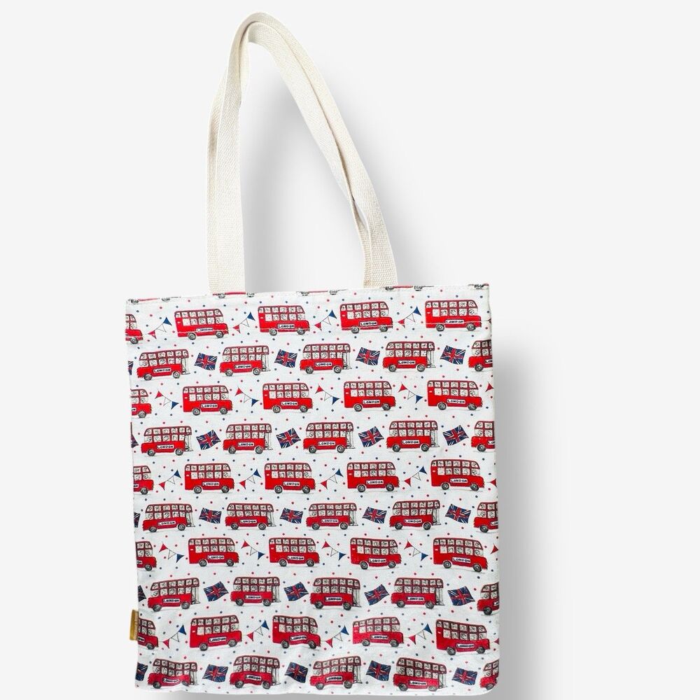 Milly Green cotton tote bag double decker London Bus union jack flag print